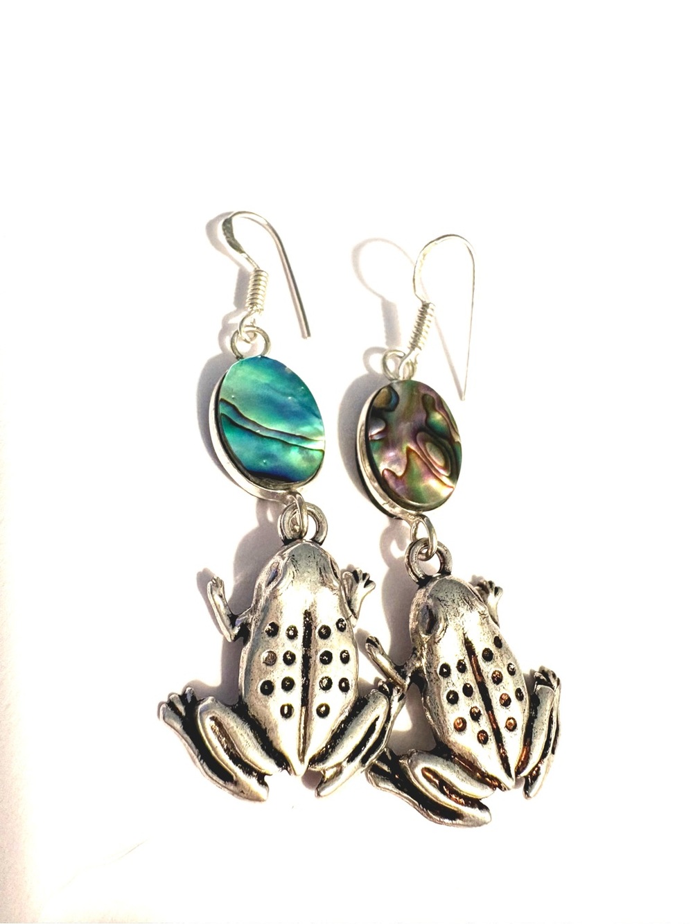 Fun, 2 1/2 inch, Abalone Shell with Frogs on the bottom, earrings.